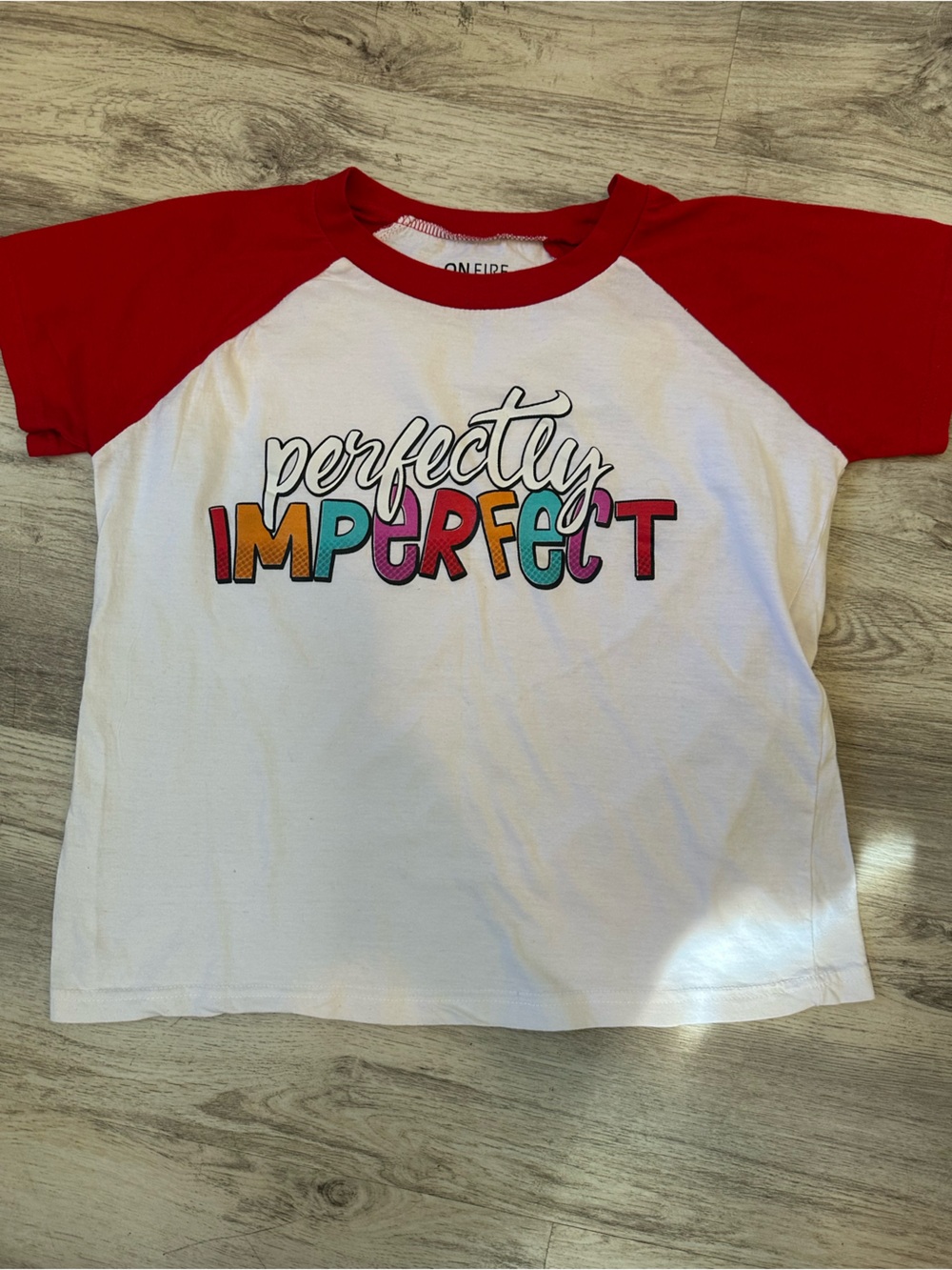 On Fire Red Raglan Tee with Colorful 'Perfectly Imperfect' Graphic